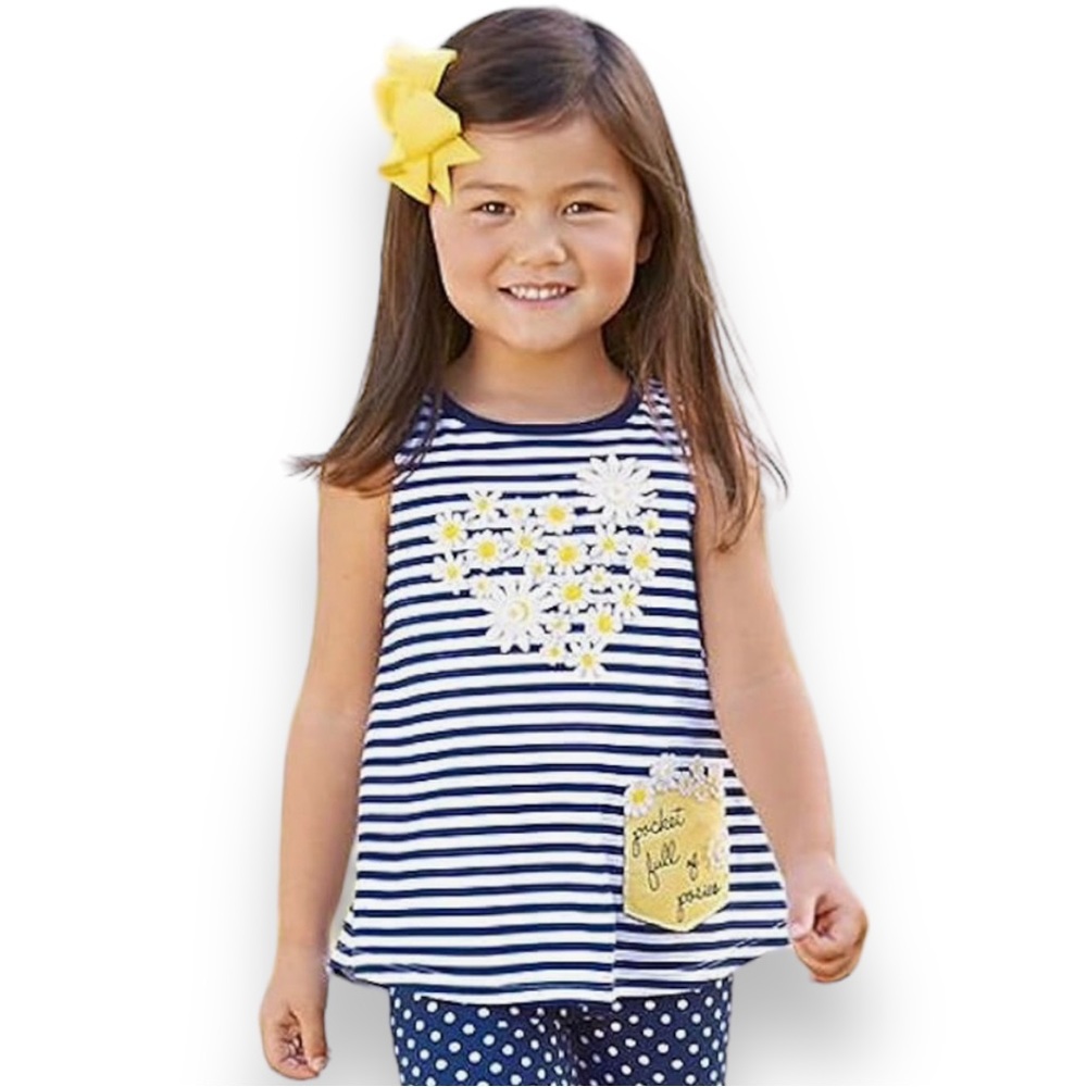 👚2/$10👗3/$12 Mud Pie Heart Daisy Appliqué Crochet Lace Back Sleeveless Top 4T
